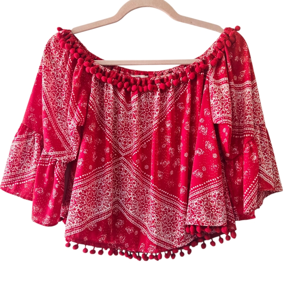 Tularosa Alexa Red Bandana PomPom Off The Shoulder Coastal Cowgirl CropTop Small